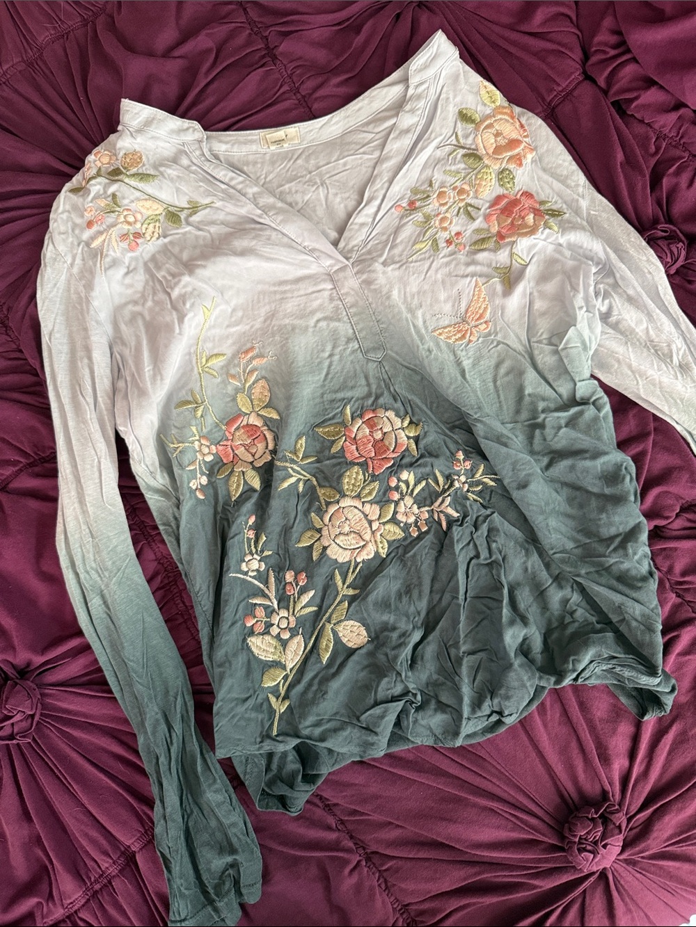Embroidered Ombre Long-Sleeve V-Neck Top - Sage Green Anthropologie